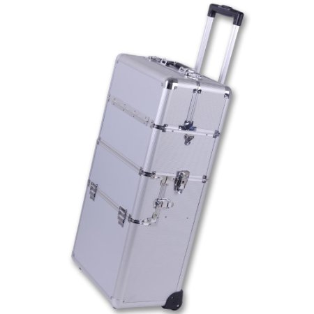 AW Rolling 2in1 14x9x29" Silver Aluminum Cosmetic Makeup Artist Train Case Hair Style 38" Lockable Box Travel