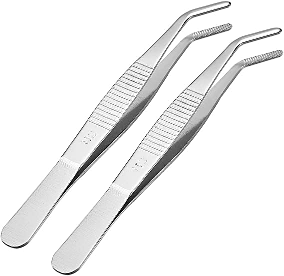 uxcell 2 Pcs 5.5-Inch 430 Stainless Steel Tweezers with Curved Serrated Tip