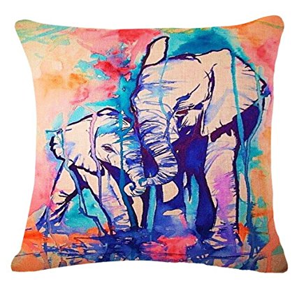 Cotton Linen Square Decorative Throw Pillow Case Cushion Cover Abstract Watercolor Elephant and Its Baby 18 "X18 "
