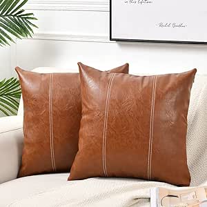 Fancy Homi 22x22 Pillow Covers, 2 Packs Brown Decorative Throw Pillow Covers 22x22 Inch for Couch Bed Bedroom Living Room, Cognac Brown Faux Leather Hand Stitched Square Cushion Case 55x55 cm