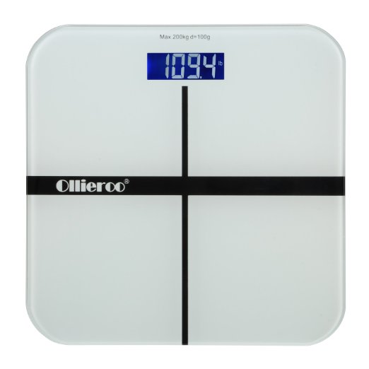Ollieroo® White 400lb Precision Digital Body Weight Bathroom Scale with Tempered Glass, Blue LCD Display, Smart Step-on