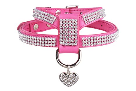 EXPAWLORER Dog Harness Genuine Leather Soft Padded Pet Sparkly Rhinestone Vest with Heart Pendant for Puppy Cat , Pink