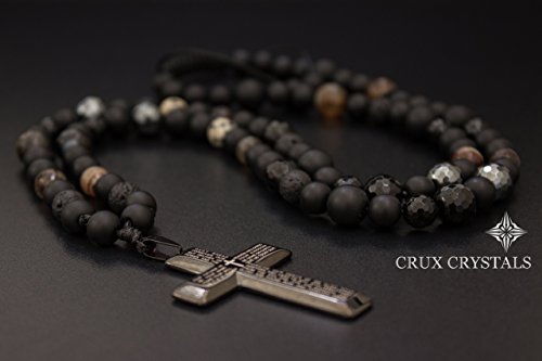 Men's Cross Pendant Gemstone Beaded Necklace, Natural Stone Shamballa Necklace, Onyx Beaded Necklace, Rosary Prayer Necklace Crux Crystals Men's Jewelry