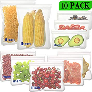 Reusable Food Storage Bags, 10PACK Reusable Sandwich Bags Plastic Free Ziplock Bags - FDA Food Grade PEVA | Extra Thick | BPA Free Reusable Lunch Bag for Kids Snacks, Fruit, Travel, Home Organization