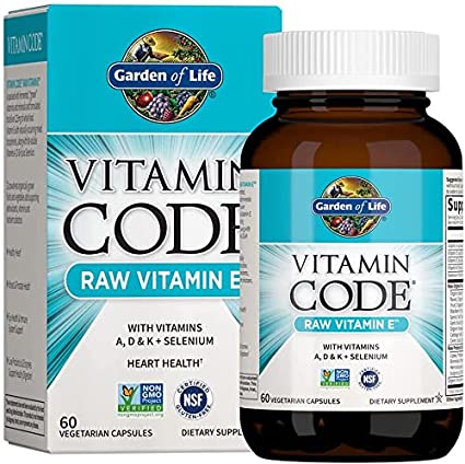 Garden of Life Vitamin E - Vitamin Code Raw Vitamin E Supplement with Vitamins A, D & K Plus Selenium, Fruit, Veggies & Probiotics, 60 Vegetarian Capsules, 125mg Whole Food Vitamin E for Heart Health