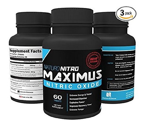 Maximus Nitric Oxide Tablets — High Potency NO Booster and L-arginine Supplement - Allows You to Build Muscle Faster, Workout and Train Longer and Harder — 60 Tablets, Pack of 3 - 180c