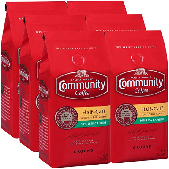 Community Coffee Half Caff Medium Dark Roast Ground Coffee, 12 Ounces (Pack Of 6)