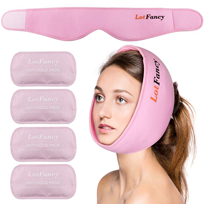 LotFancy Reusable Hot or Cold Gel-Pack with Stretch Wrap, Pain Relief for TMJ, Chin Jaw Oral and Facial Surgery, Dental Implants etc. (Pink)