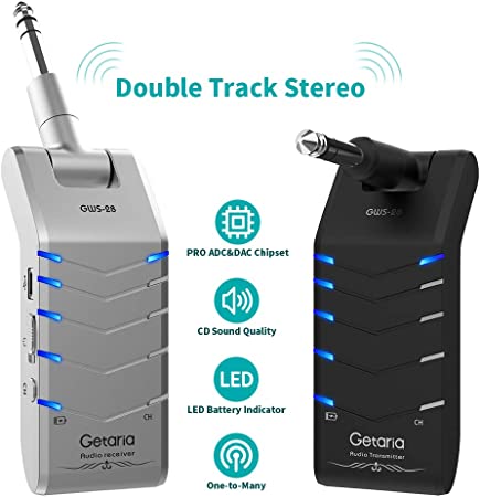 Getaria Stereo Wireless Guitar System 2.4GHz Guitar Transmitter Receiver with 5 Channels for Electronic Guitar Bass Drum