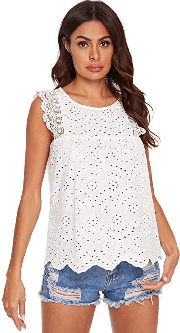 DIDK Women's Sheer Embroidery Ruffle Trim Scallop Hem Eyelet Tank Top Blouse