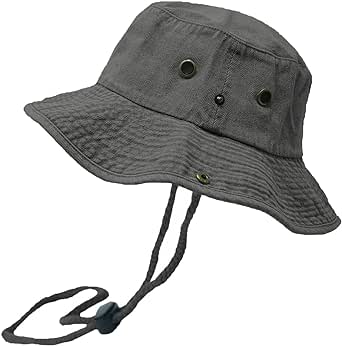 Washed Cotton Bucket Hat with Chin Strap Fishing Sun Safari Boonie Cap