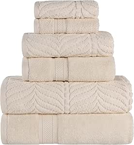 Superior Cotton Chevron 6 Piece Assorted Towel Set, Zero Twist, Quick Dry, Home Essentials, Shower, Spa, Luxury Plush Soft Absorbent Towels, Includes 2 Bath, 2 Hand, 2 Washcloth/Face Towels, Ivory