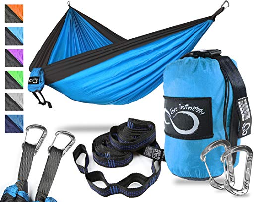 Double Outdoor Camping Hammocks - Weather Resistant Lightweight Parachute Nylon- Includes Stretch Resistant Tree Straps With 16 Loops Per Strap Making These Perfect for Travel (Blue Middle Grey Edges)