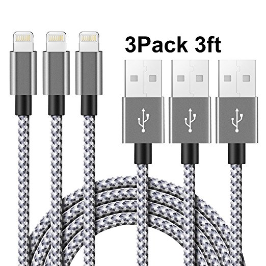 IVVO iPhone Charger Cord 3Pack 3FT Nylon Braided 8 Pin Lightning to USB Cable Compatible with iPhone 7/7 plus/SE/5/6/6s/Plus/iPad Mini/Air/Pro (Gray)