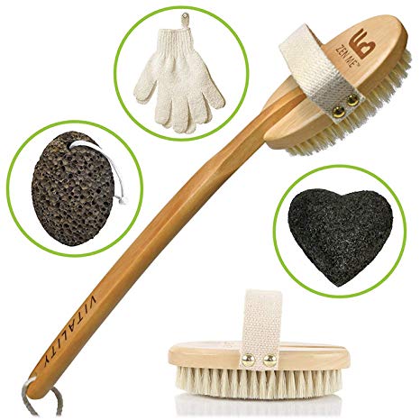 Premium Dry Brushing Body Brush for Lymphatic Drainage and Cellulite Treatment, Plastic-Free Natural Exfoliating Brush Set with Scrub Gloves, Konjac Sponge, Pumice Stone for Glowing More Youthful Skin