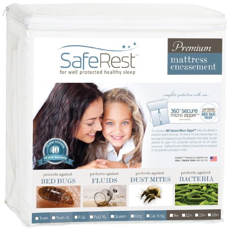 Full Size SafeRest Premium Waterproof Lab Certified Bed Bug Proof Zippered Mattress Encasement Fits 9 - 12 in H - Designed For Complete Bed Bug Dust Mite and Fluid Protection