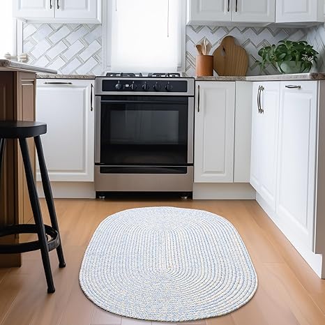 Super Area Rugs Blue, Beige Braided Rug Farmhouse Kitchen Braided Rugs - Washable Area Rug - Rustic Rug for Kitchen Sink - Oval 2' X 3'