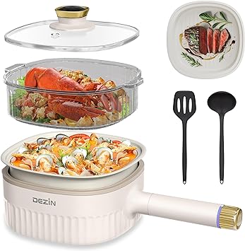 DEZIN Hot Pot Electric 3L, Nonstick Electric Pot with 1 Grill Pan & 1 Steamer, 3-in-1 Electric Cooker with Dual Power Level for Dorm, Family & Friend Gathering, 1000W Portable Pot for Ramen/Steak/Soup