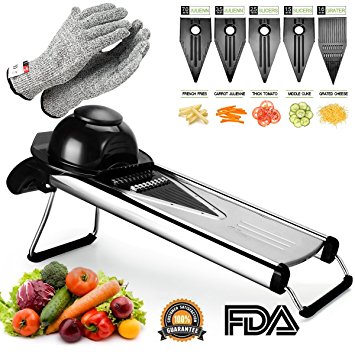 V Blade Vegetable Mandoline Slicer, Zacfton Fruits and Vegetable Cutter - Stainless Steel Vegetable Slicer Chopper Cheese Grater, Julienne Cutter Includes Cut-Resistant Gloves and 5 Different Inserts