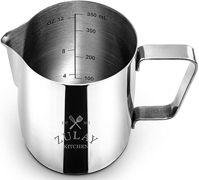 Zulay Kitchen Milk Jug – Stainless Steel Milk Frothing Pitcher - Easy to Read Creamer Measurements Inside - Foam Making for Coffee Matcha Chai Cappuccino Latte & Hot Chocolate - 12oz/350ml