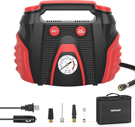 Tire Inflator Air Compressor, AC/DC Portable Air Compressor Pump for Car (12V DC) and Home (120V AC), Car Tire Inflator with Pressure Gauge for Bike, Motorcycle, Ball, and Other Inflatables