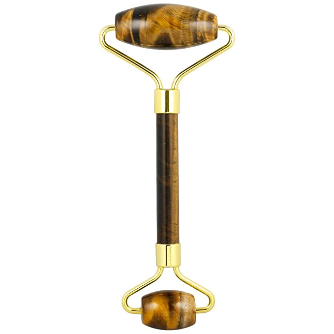 rockcloud Natural Crystal Stone Roller Massager Double Neck Face & Neck Massage Therapy Anti-Aging Wrinkle Healing Slimming Skincare Tool, Tiger's Eye Stone