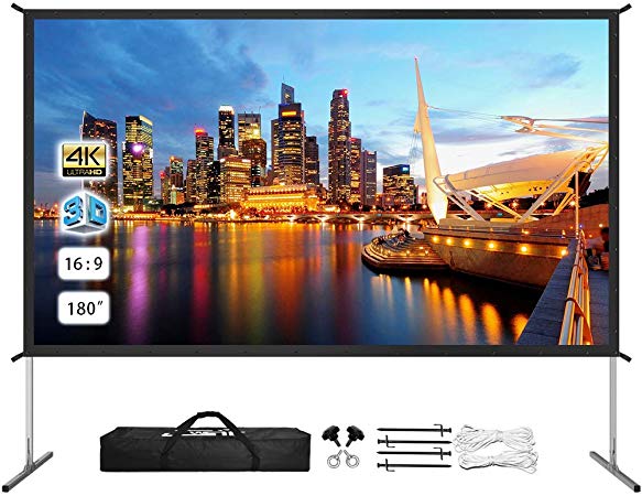 Projector Screen with Stand, 180" 4K 16:9 HD Front & Rear Outdoor/Indoor Portable Projector Screen Premium Foldable Movie Projection Screen with Carry Bag for Camping Gaming Backyard Movie