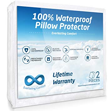 Everlasting Comfort 100% Waterproof Pillow Protector, Hypoallergenic Pillow Covers, Breathable Membrane, Lifetime Replacement Guarantee (Queen, 2-Pack)