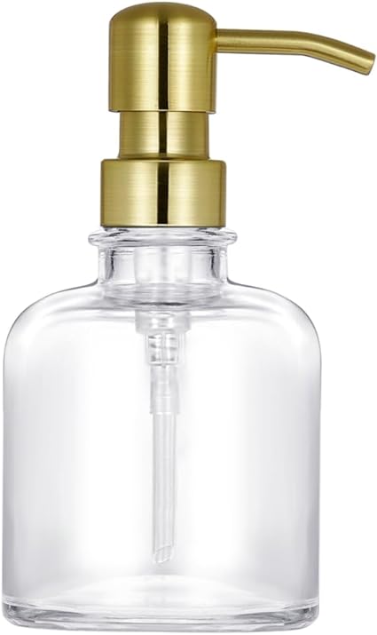 Thick Clear Glass Jar Hand Soap Dispenser Bathroom with Gold Stainless Steel Pump, 12ounce Clear Boston Round Bottle Dispenser with Rustproof Pump for Kitchen Dish (Gold)