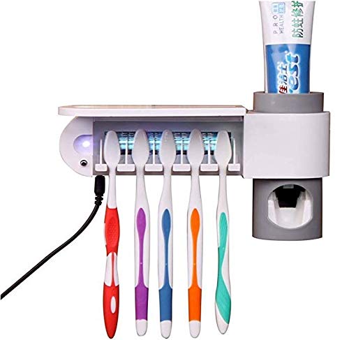 SEAGO Toothpaste Squeezer and Holder Set Toothpaste Dispenser UV Ultraviolet Family Toothbrush Sanitizer Cleaner Holder Sterilizer, 5 Brush Holder