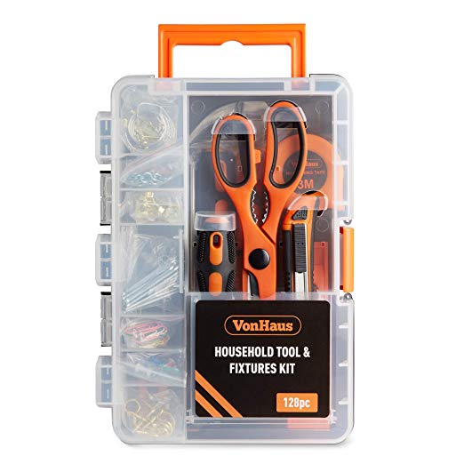 VonHaus Picture Frame Hanging Set, 128pc Household Tool Kit– Includes Various Picture Hanging Hooks, Hammer, Nails, Screwdrivers, Pliers, Spirit Level, Tape Measure & Scissors