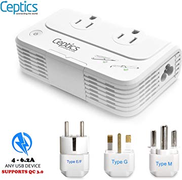 230 W Voltage Converter for South Africa by Ceptics, Convert 220 V to 110V for Devices like Curling Iron, Straightener, Chargers, Step Down World Power Plug 4 USB Charging Fast QC 3.0 Type M, G, E/F C