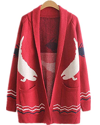 WoowTry Women's Fashion Fish Printed Cardigan Sweater Long Sweaters Coat