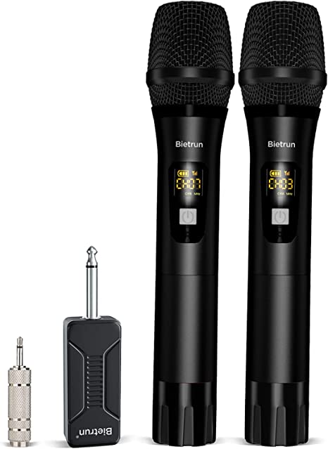 Bietrun Wireless Microphone, 160 ft Range, UHF Metal Dual Handheld Dynamic Mic Karaoke System with Rechargeable Receiver, 1/4‘’＆1/8‘’Output, for Amplifier, PA System, Party Singing, Karaoke, Church