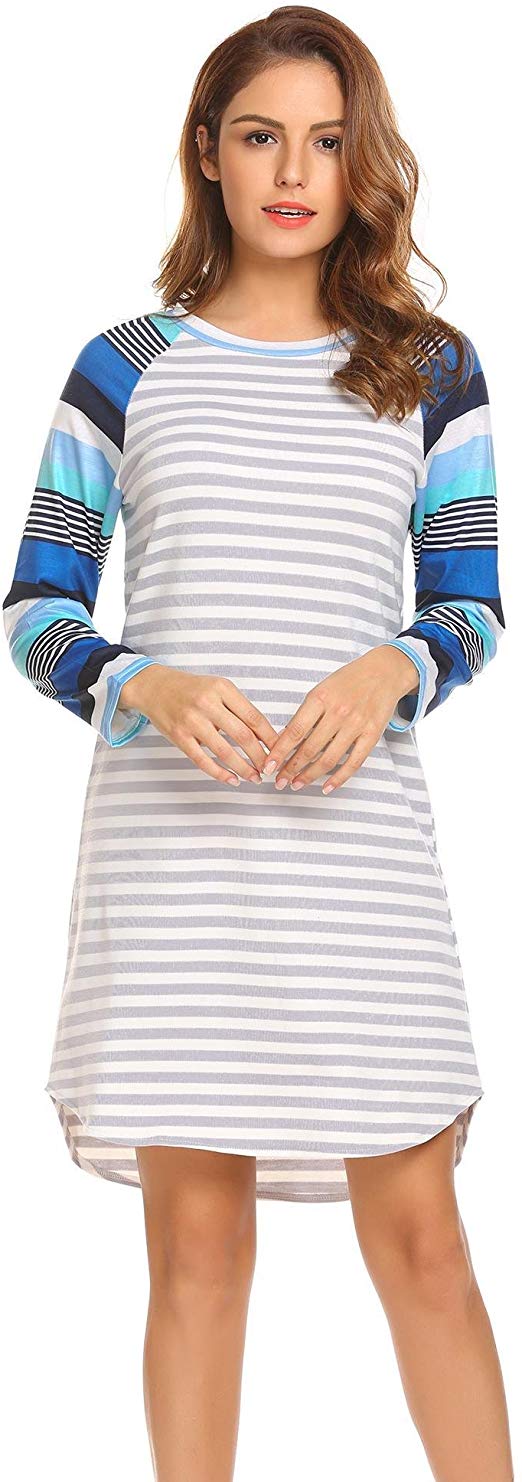 Hersife Women Long Sleeve Casual Striped Loose Midi T Shirt Dress