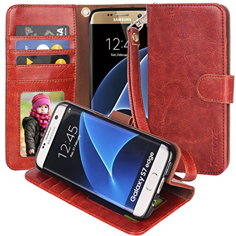 S7 Edge Case, Moze Galaxy S7 Edge Wallet Case [Wrist Strap] [Stand Feature] PU Leather Flip Wallet Case Cover for Samsung Galaxy S7 Edge - Reddish Brown
