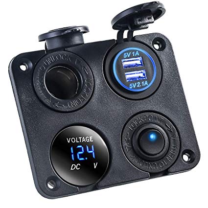 Dual USB Charger Switch Panel w/ 12V Cigarette Lighter Power Socket & LED Voltmeter and ON-Off Buttom Switch for Marine Boat Car RV Truck Camper Vehicles