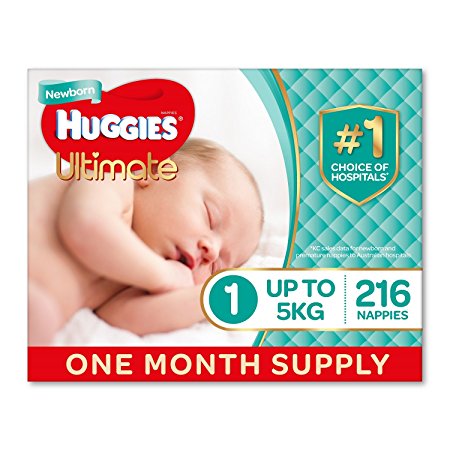 Huggies Ultimate Nappies, Unisex, Size 1 Newborn (Up To 5kg) 216 Count, One-Month Supply