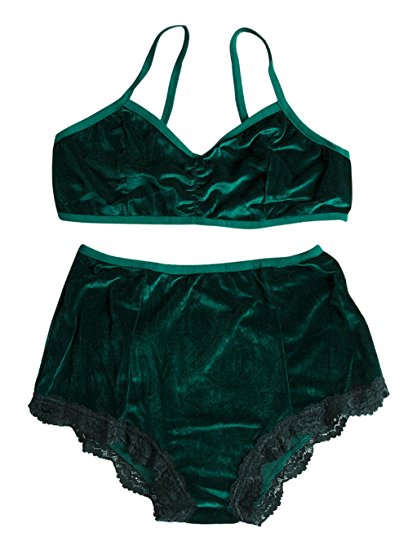 Women's Vintage 2 Pieces Velvet Bra & High Waist Lace Panties Lingerie Set