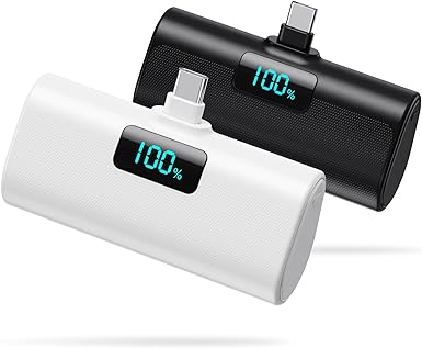 [2-Pack]Small Portable Charger 5200mAh, Upgraded PD USB C Power Bank Built-in USB-C Connector, LCD Display Battery Pack Compatible with iPhone 15/15 Plus/15 Pro/15 Pro Max/iPad Pro/Samsung Android etc