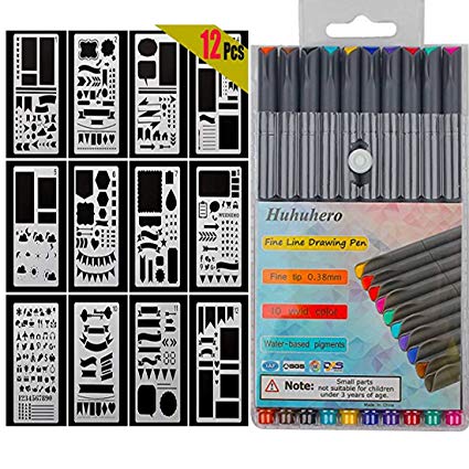 10-Colors Bullet Journaling Pens and 12-Pieces Drawing Stencils Perfect for Planner Bullet Journaling Writing Note Taking Notebook Diary Calendar and School Office Supplies (22 PCS) (22 pcs)