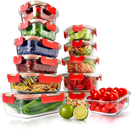 24-Piece Glass Food Storage Containers - Stackable Superior Glass Meal-prep Containers w/ Newly Innovated Hinged BPA-Free 100% Leakproof Locking Lids - Freezer-to-Oven-Safe - NutriChef NCGLRED.5 (Red)