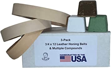 3 Pack 3/4" x 12" Leather Strop Belts with Green, White, and Brown Compounds