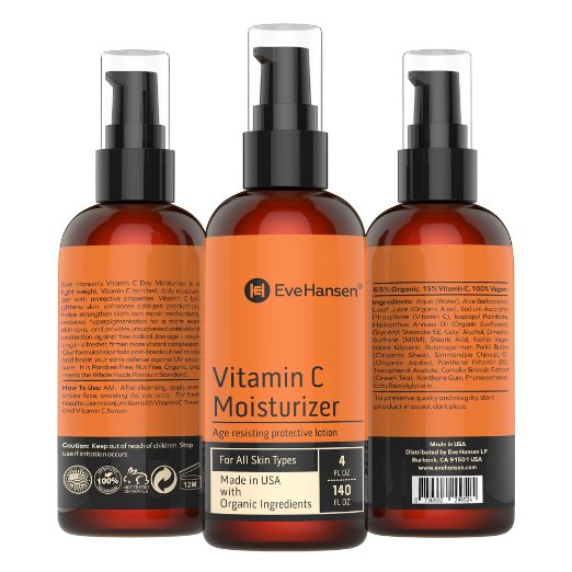 4oz Fragrance Free VITAMIN C DAY MOISTURIZER by Eve Hansen - Anti-Aging Face Lotion w/ 15% Vitamin C - Made in USA with Organic & Natural Ingredients - Reduces Hyperpigmentation & Fades Sun Spots