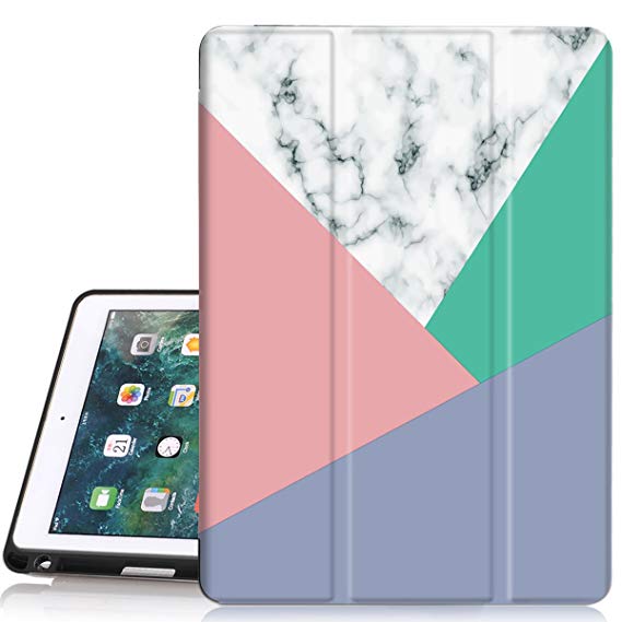 iPad 6th/5th Generation Case, Hocase Trifold Folio Smart Case with Apple Pencil Holder, Auto Sleep/Wake Feature, Soft TPU Back Cover for iPad A1893/A1954/A1822/A1823 - Marble/3-Color