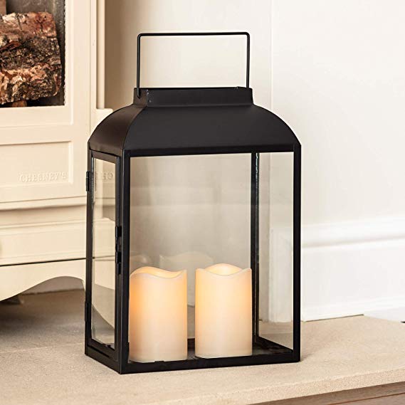 Lights4fun Large Black Metal Battery Operated LED Flameless Candle Lantern for Indoor Outdoor Use