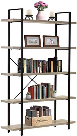 Sorbus Bookshelf 5 Tiers Open Vintage Bookcase Storage Organizer, Modern Industrial Style Bookshelves Furniture for Home Office, Wood Look & Metal Frame (5-Tier, Light Grey)