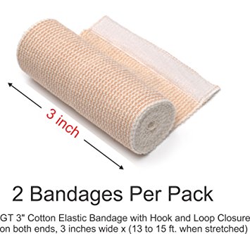 GT 3" Cotton Elastic Bandage with Hook and Loop Closure on both ends, 3 inches wide x (13 to 15 ft. when stretched), 2 Pack
