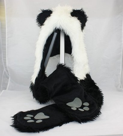 Panda Animal Hood Faux Fur Hat with Warm Scarf Mittens Ears and Paws Spirit