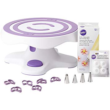 Wilton Cake Decorating Supplies Set, 8-Piece - Tilt-N-Turn Cake Turntable, 4 Border Decorating Tips, 4 Couplers, Twelve 16 in. Disposable Decorating Bags and 12 Icing Bag Ties